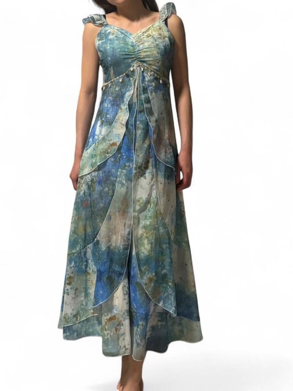 Blue-Green Floral Maxi Dress with beads, shells and sequins details